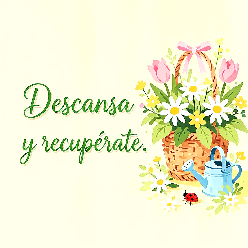 Cesta de mimbre con tulipanes rosas y margaritas, regadera azul y mariquita sobre fondo claro, con mensaje de apoyo en letras verdes.