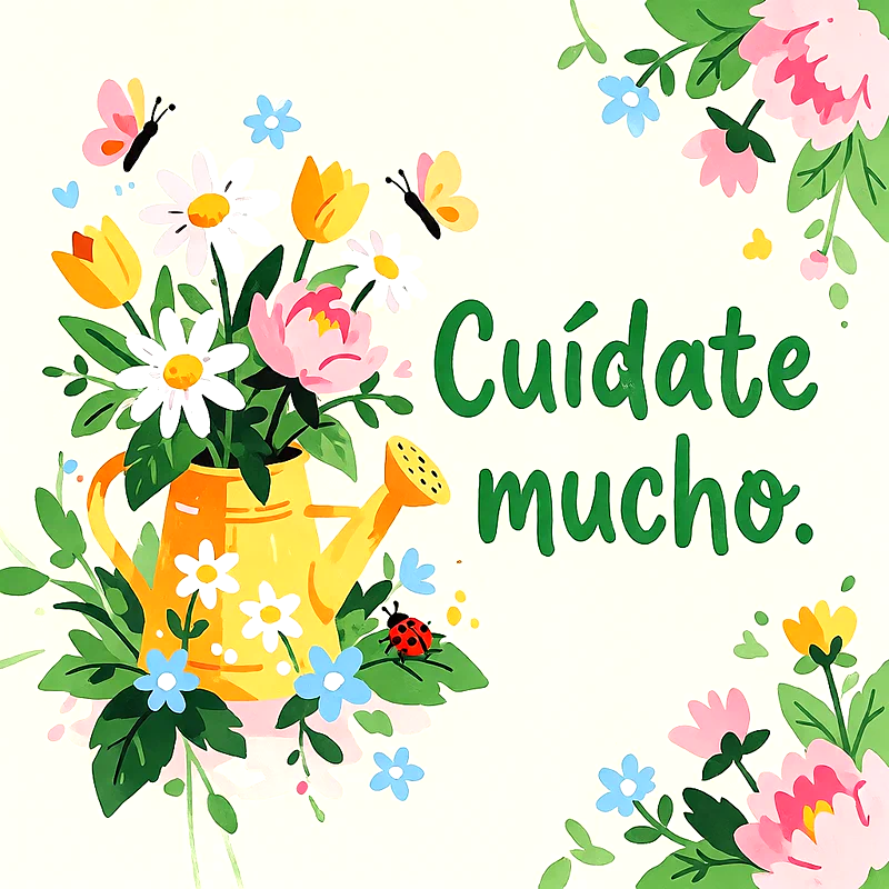 Regadera amarilla con flores coloridas, margaritas, mariposas y mariquita sobre fondo claro con mensaje de ánimo en letras verdes.
