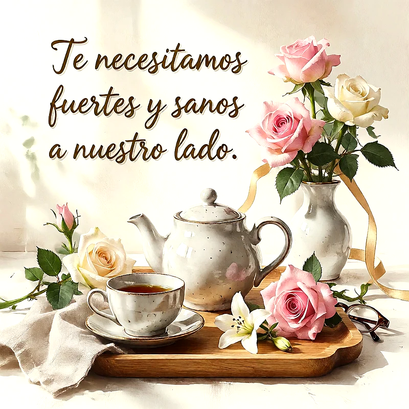 Bandeja de madera con tetera de cerámica, taza de infusión, rosas rosas y blancas en jarrón con mensaje de apoyo en letras oscuras.