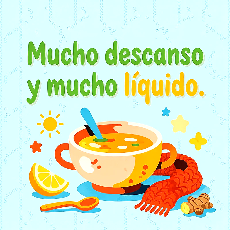 Tazón de sopa caliente con cuchara, bufanda roja, rodaja de limón y jengibre sobre fondo celeste, mensaje de mejoría en letras verdes y amarillas.