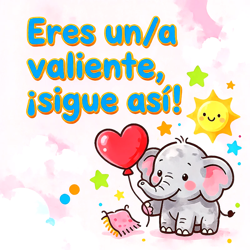 Elefantito tierno sosteniendo un globo de corazón rojo con sol sonriente, estrellas de colores y mensaje de apoyo en letras azules.