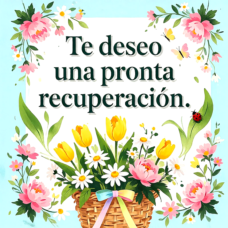 Cesta de mimbre con tulipanes amarillos, margaritas y flores rosas sobre fondo celeste claro con mensaje de ánimo en letras oscuras.