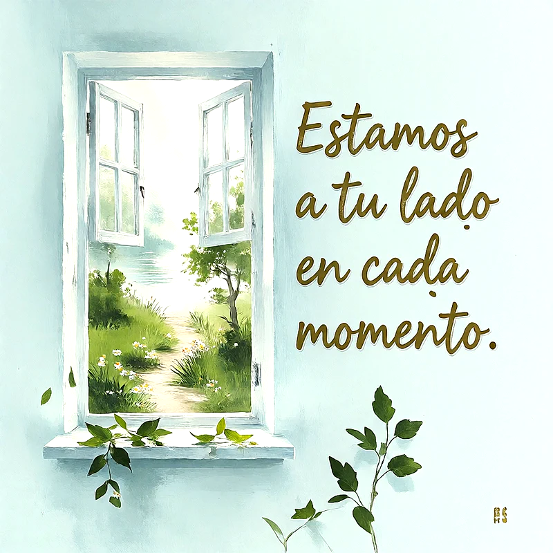 Ventana abierta hacia un jardín verde con un camino, fondo celeste suave, plantas en el alféizar, mensaje de ánimo escrito en letras doradas y elegantes.