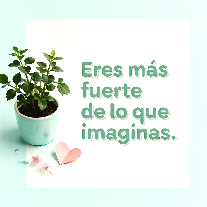 Planta verde en maceta celeste junto a un corazón de papel rosa, pluma suave y mensaje de fortaleza en letras verdes.