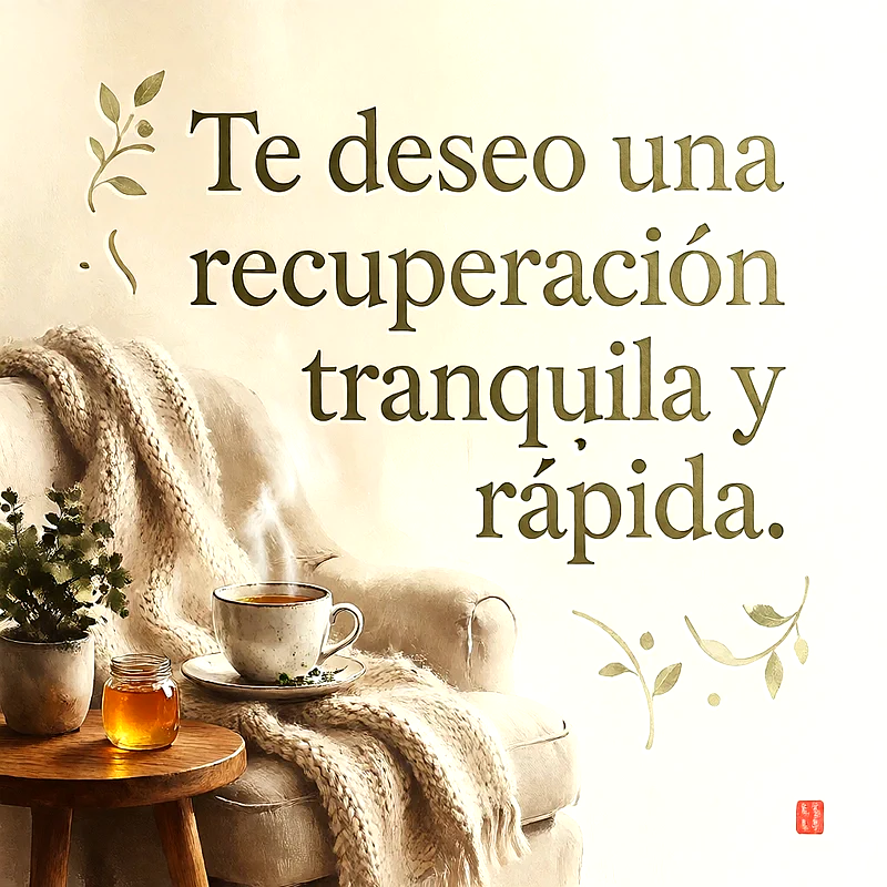 Sillón cómodo con manta beige, taza de infusión humeante, miel, planta verde y mensaje de ánimo en letras doradas.