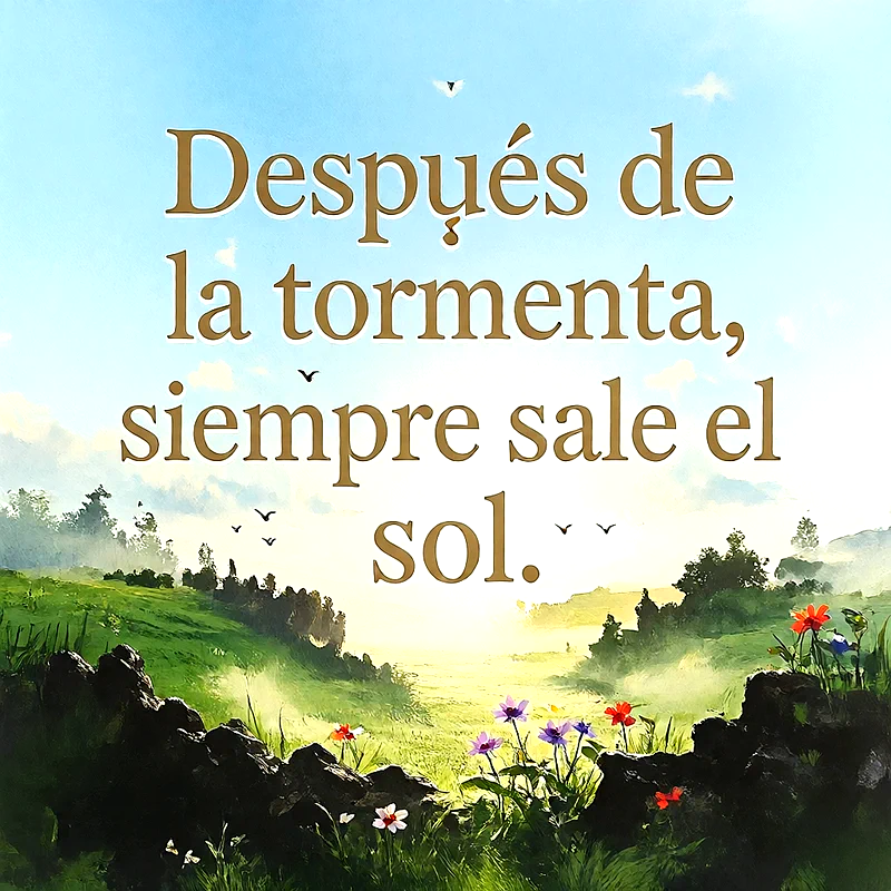 Paisaje natural de colinas verdes iluminadas por el sol con flores silvestres, cielo azul despejado y un mensaje de ánimo en letras doradas.