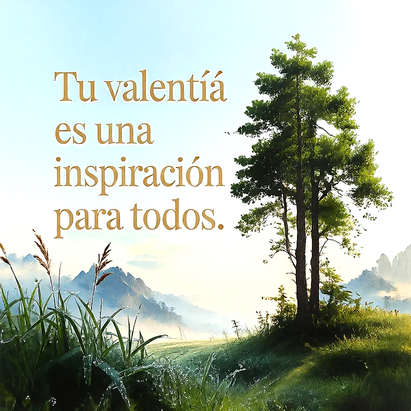 Paisaje natural con prado verde, montañas al fondo, árbol erguido y cielo despejado, con mensaje de aliento en letras doradas.