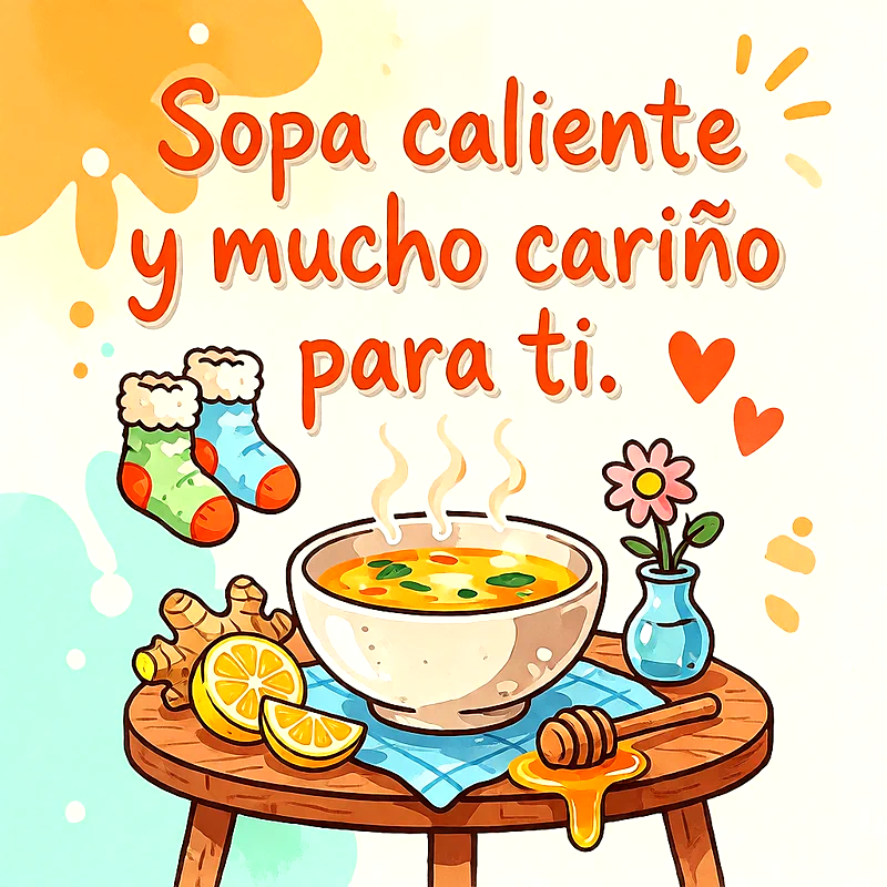 Ilustración de un tazón de sopa humeante en una mesa con limón, jengibre, miel, flor y calcetines cálidos con mensaje en letras naranjas.