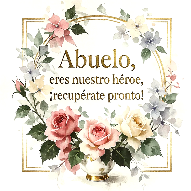 Corona de rosas en tonos pastel y flores azules rodeando un marco dorado cuadrado, estilo elegante sobre fondo blanco, con mensaje de cariño para un ser querido.
