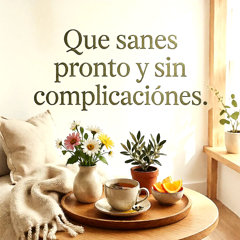 Mesa de madera con taza de té, rodajas de naranja, jarrón con flores y pequeña planta, con un mensaje de ánimo en letras verdes.
