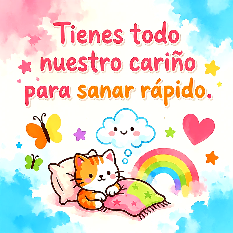 Gatito tierno descansando en una almohada con manta, arcoíris, mariposa, nube sonriente y mensaje de cariño en letras rojas y naranjas.