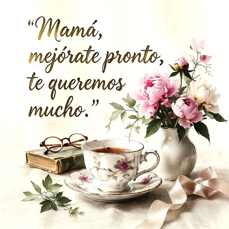 Taza de té de porcelana con flores rosas en florero, libro antiguo y gafas, con mensaje de ánimo en letras doradas.