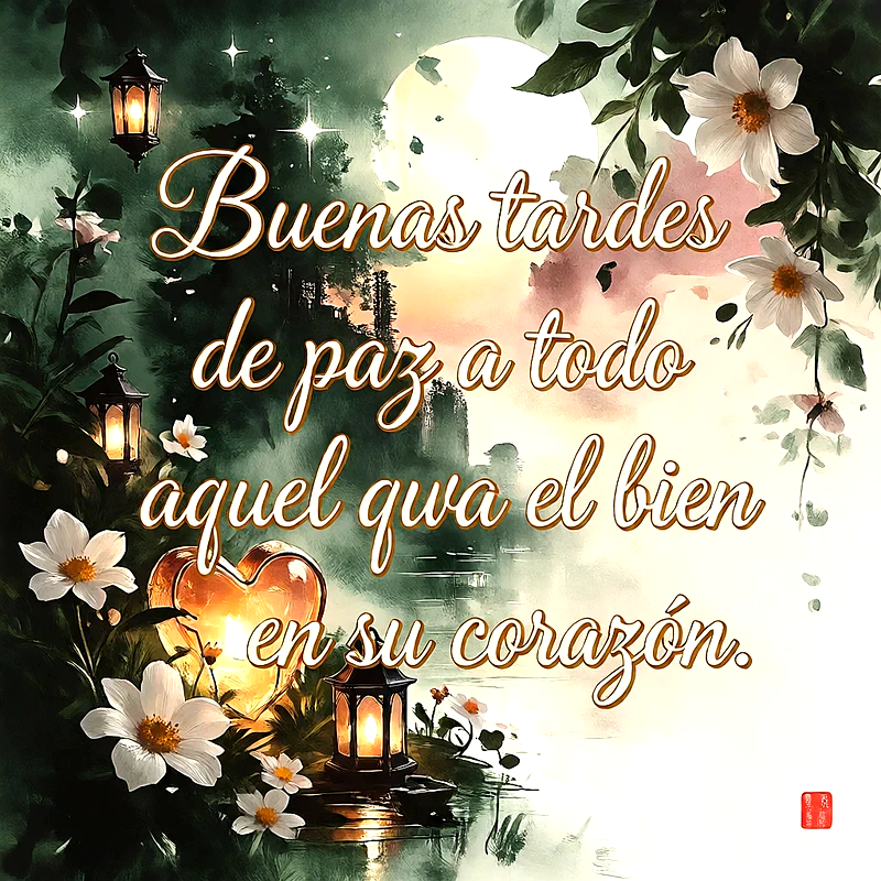Imagen religiosa con farol encendido, corazón brillante, flores blancas y texto Buenas tardes de paz a todo aquel qua el bien en su corazón.