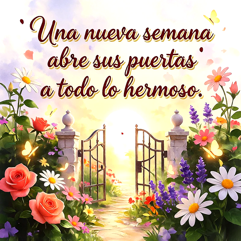 Puerta de jardín abierta hacia un amanecer luminoso con flores de colores, mariposas amarillas y un mensaje de esperanza en letras oscuras y blancas.
