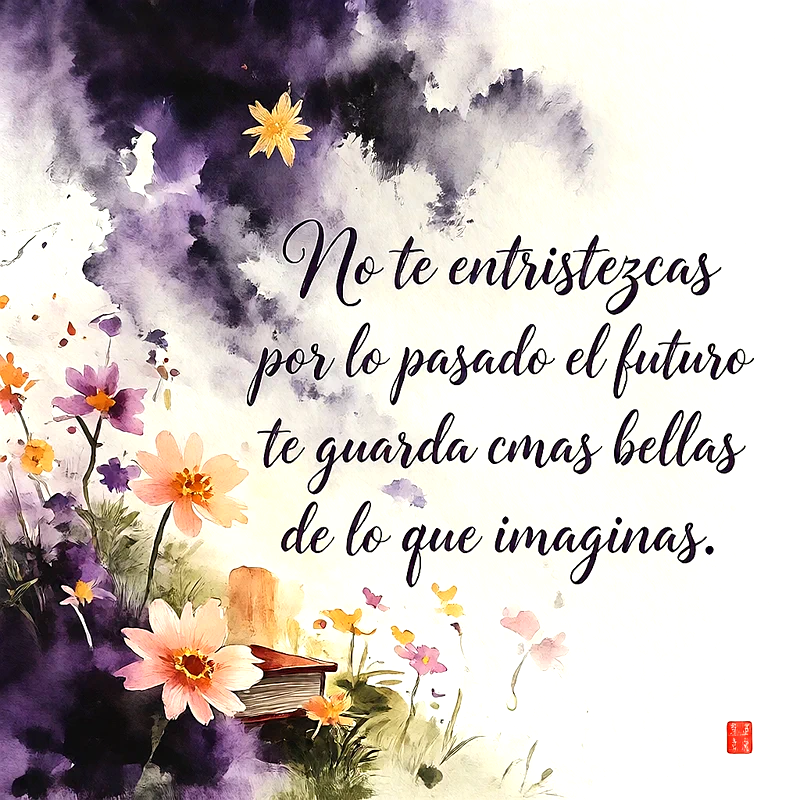 Imagen con flores pintadas en acuarela tonos morados y rosas, sobre fondo blanco, con el texto escrito No te entristezcas por lo pasado el futuro te guarda cosas bellas de lo que imaginas.