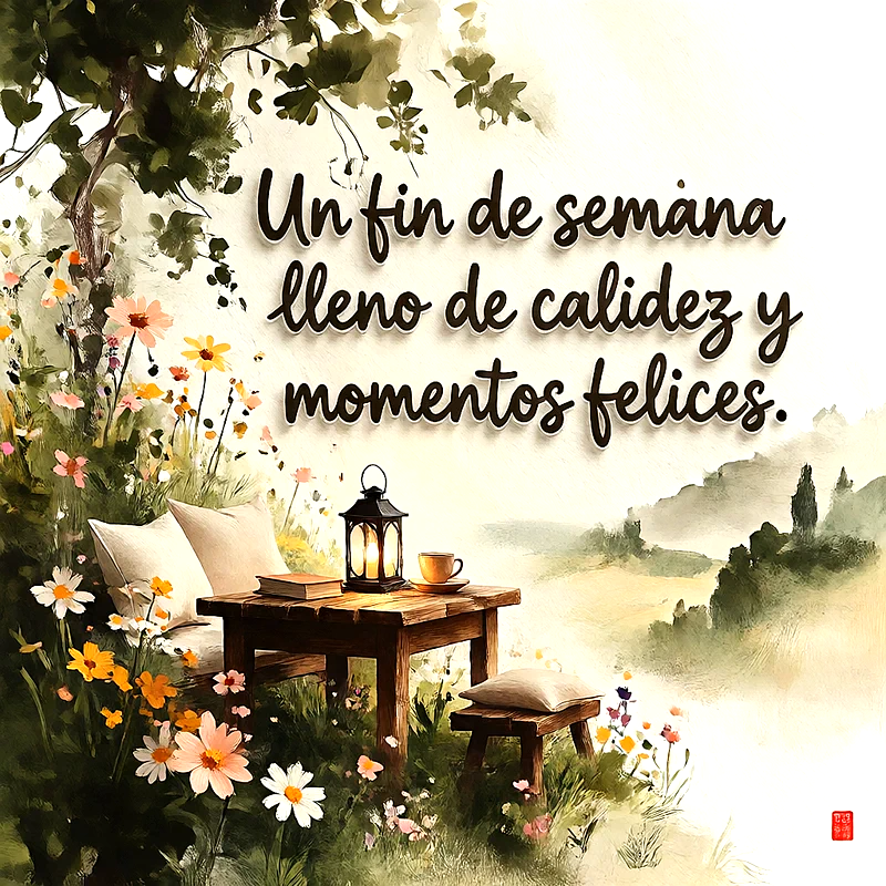 Mesa de madera con farol encendido y taza en un jardín con flores, con texto Un fin de semana lleno de calidez y momentos felices.