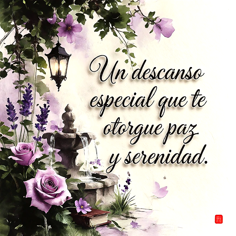 Fuente de piedra con agua, farol encendido y rosas moradas con texto que dice Un descanso especial que te otorgue paz y serenidad.