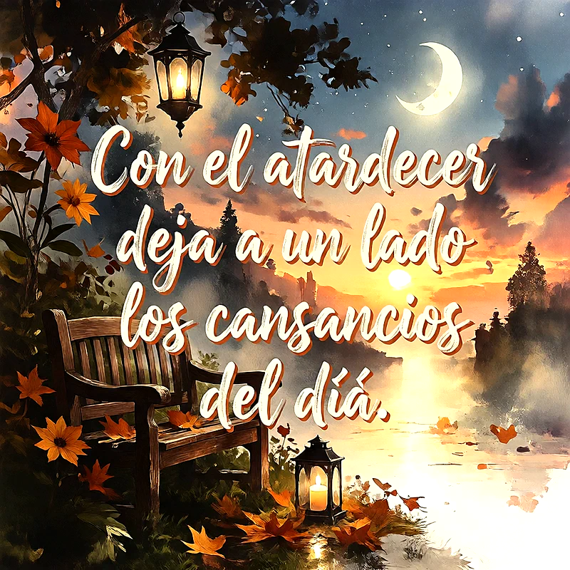 Imagen de un banco de madera en un parque al atardecer con hojas secas, farol encendido y luna creciente, texto escrito que dice Con el atardecer deja a un lado los cansancios del día.
