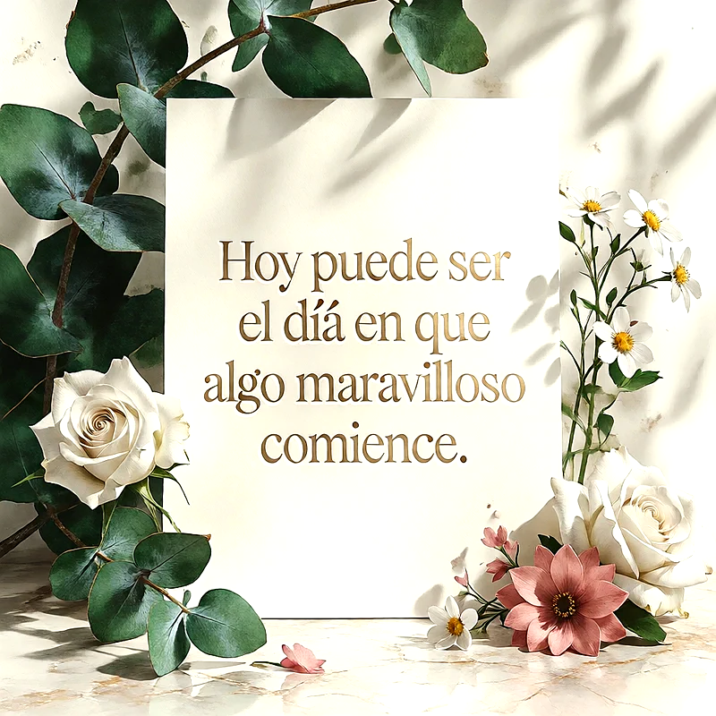 Fondo claro con ramas verdes de eucalipto, rosas blancas y flores rosadas alrededor de una tarjeta con texto.