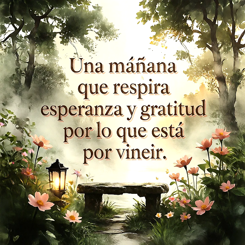 Jardín con banco de piedra antiguo rodeado de flores rosas y árboles bajo luz cálida, farol encendido, texto central que dice Una mañana que respira esperanza y gratitud por lo que está por vineir.