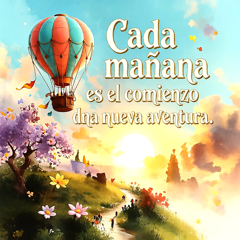 Paisaje de amanecer con un globo aerostático colorido volando sobre colinas verdes y flores, con el texto Cada mañana es el comienzo dna nueva aventura escrito en el cielo.