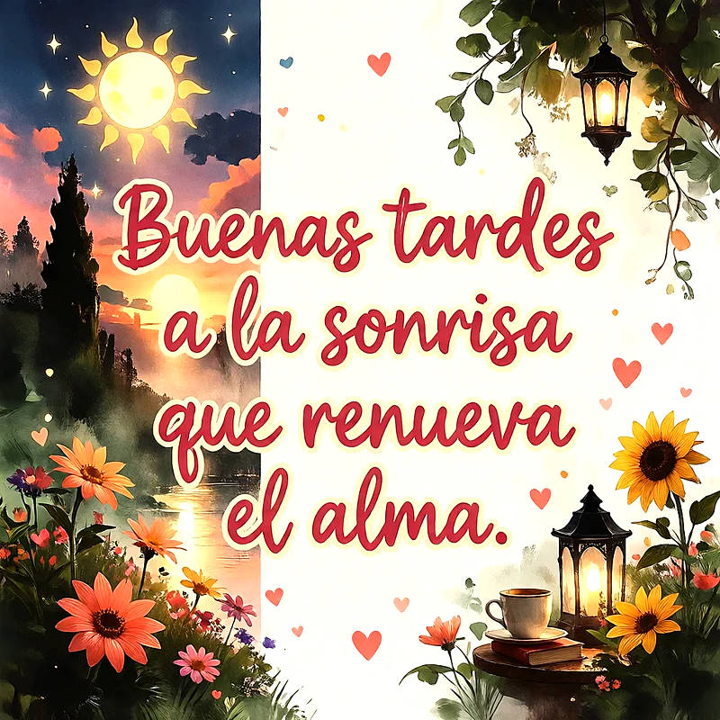 Imagen de buenas tardes con flores de colores, un sol brillante, una taza de café caliente y un farol encendido junto a corazones flotantes.