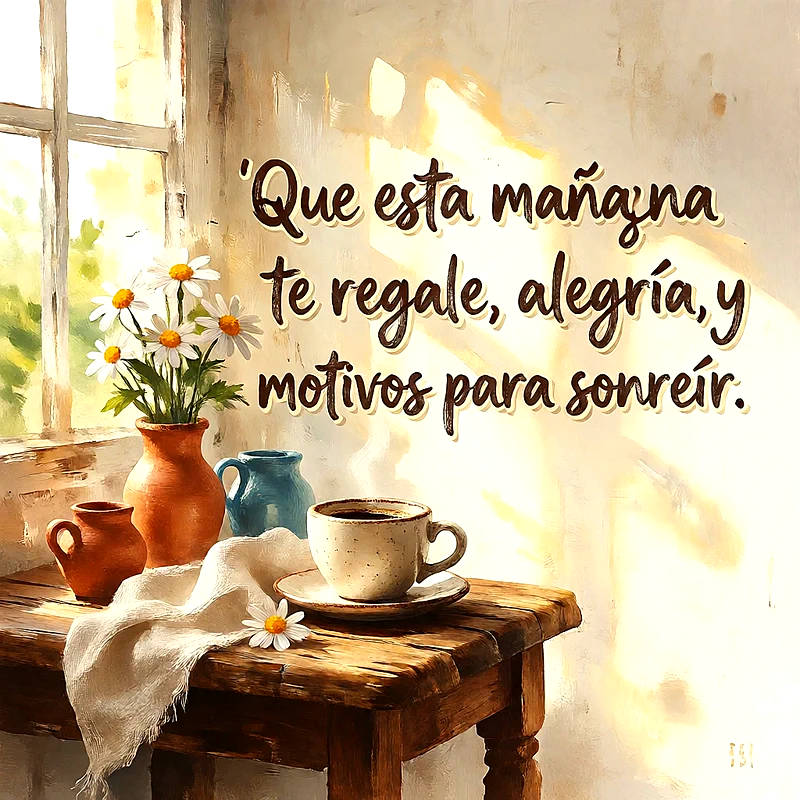 Mesa de madera con una taza de café y un jarrón con flores blancas junto a una ventana soleada, con un mensaje en letras blancas sobre fondo cálido.