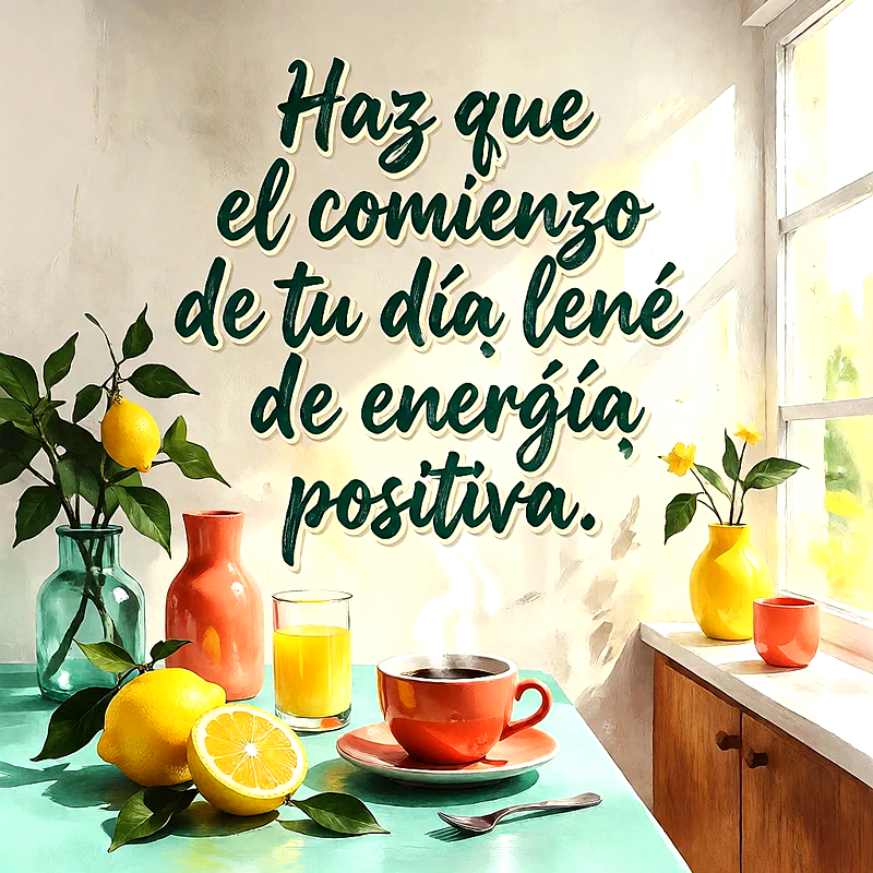 Mesa con taza de café, limones frescos, vaso de jugo y jarrón con flores amarillas bajo luz natural, texto con frase sobre energía positiva para el día.