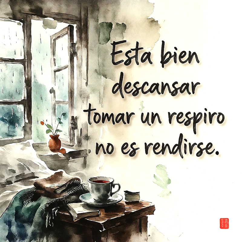 Ilustración en acuarela de una ventana con lluvia, cama con mantas, mesa de madera con taza de café caliente y libro, junto a una frase reflexiva.
