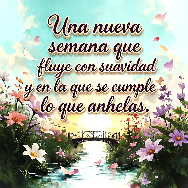 Paisaje natural con puente sobre un río, flores lilas y rosas en las orillas y mensaje de esperanza en letras blancas.