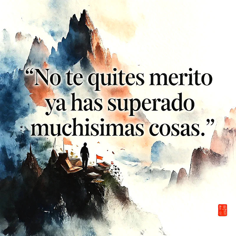 Ilustración en acuarela de una persona frente a grandes montañas con colores azules y naranjas, incluye el texto No te quites merito ya has superado muchisimas cosas.