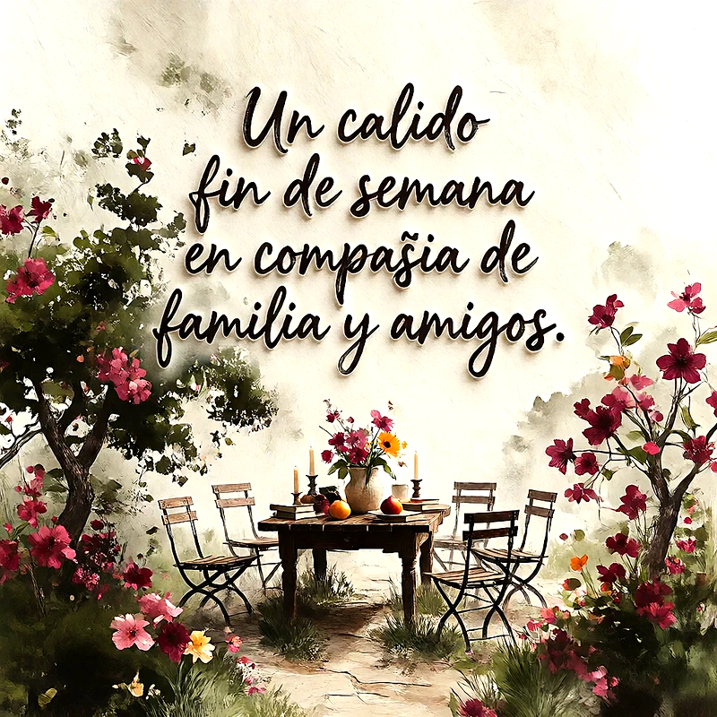 Mesa de madera con sillas en un jardín rodeada de flores rojas y rosas, con el texto escrito Un calido fin de semana en compañia de familia y amigos.