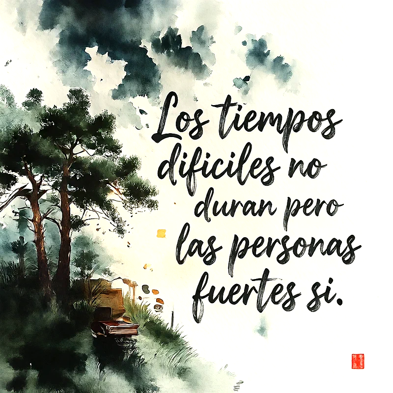 Ilustración en acuarela de un paisaje con pinos verdes, nubes oscuras y un camino, con frase sobre la fortaleza humana en letras negras.
