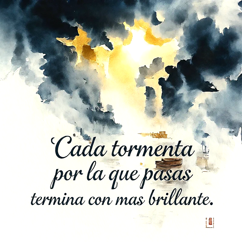 Imagen estilo acuarela con nubes oscuras y luz dorada intensa, un pequeño bote en el horizonte, texto central que dice Cada tormenta por la que pasas termina con mas brillante.