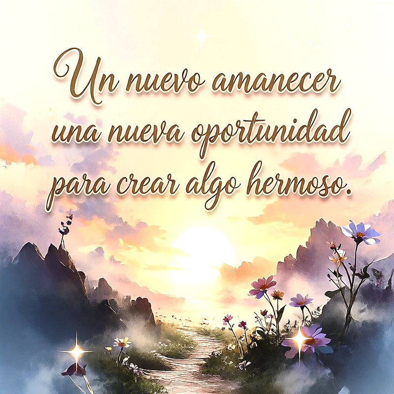 Paisaje de amanecer luminoso con montanas, camino de tierra, flores silvestres y texto Un nuevo amanecer una nueva oportunidad para crear algo hermoso.