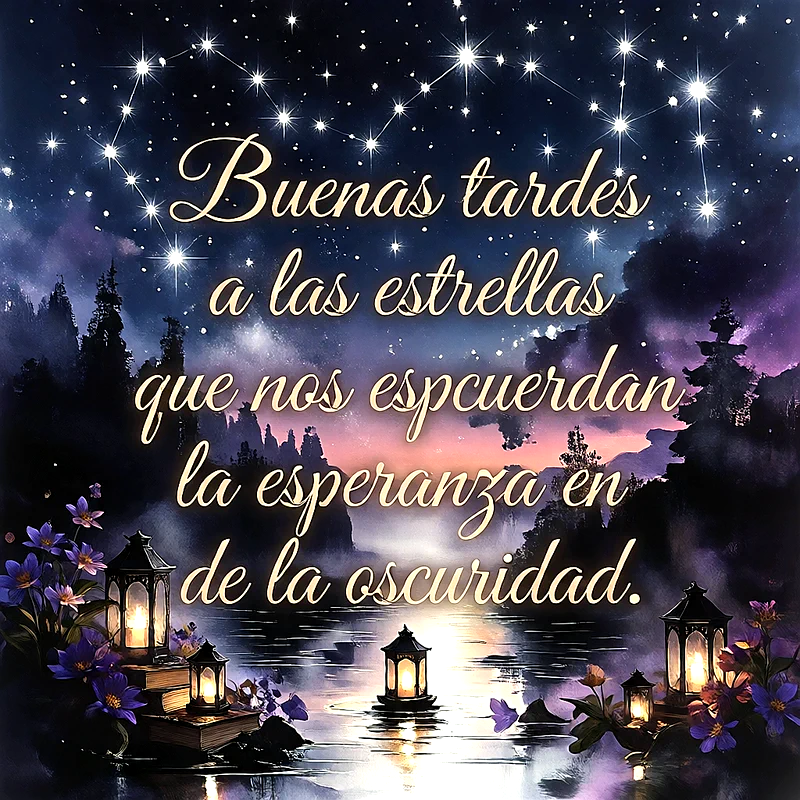 Paisaje nocturno con cielo estrellado, farolillos iluminados sobre el agua, flores moradas en primer plano y texto escrito en el centro con mensaje de buenas tardes y esperanza.