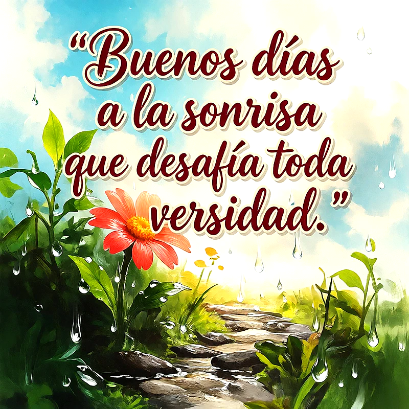 Imagen con flor naranja, hojas verdes, gotas de lluvia y fondo de cielo azul con el texto Buenos días a la sonrisa que desafía toda adversidad.