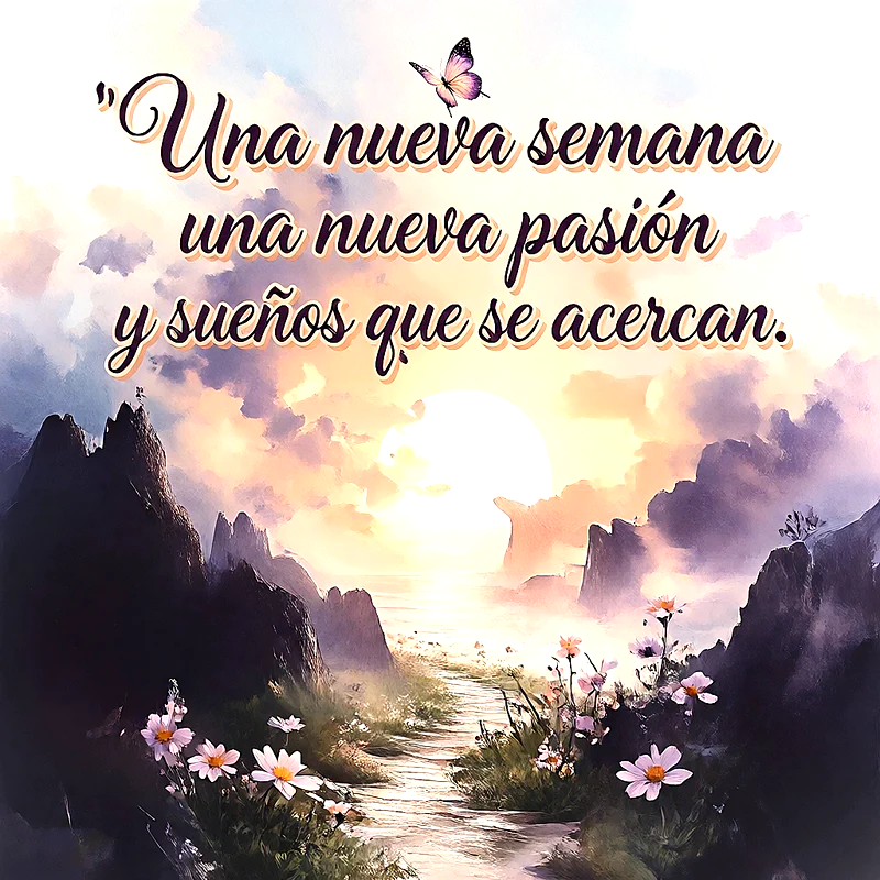Paisaje de montañas al amanecer con un camino de flores, una mariposa en el cielo y un mensaje en letras blancas.