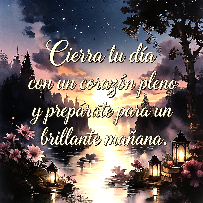 Paisaje nocturno junto a un lago con faroles encendidos, flores rosadas y el texto Cierra tu día con un corazón pleno y prepárate para un brillante mañana.
