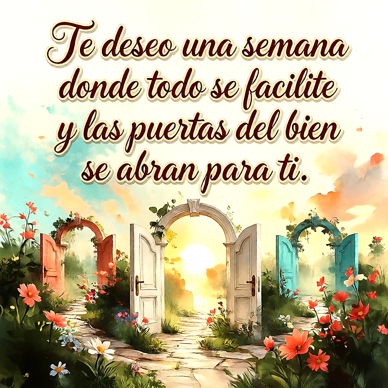 Paisaje con puertas abiertas en un campo florido durante el amanecer, colores cálidos y suaves, con un mensaje en letras blancas sobre el cielo.