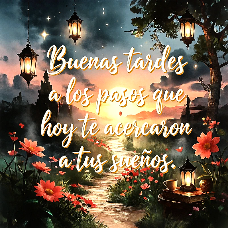 Camino de piedra rodeado de flores rojas y faroles encendidos bajo un cielo de atardecer, con texto motivador de buenas tardes.