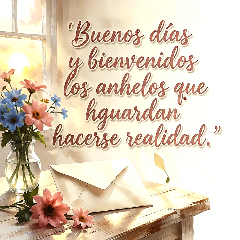 Vaso con flores coloridas sobre mesa de madera junto a una ventana iluminada por el sol, texto que dice Buenos días y bienvenidos los anhelos que hguardan hacerse realidad.