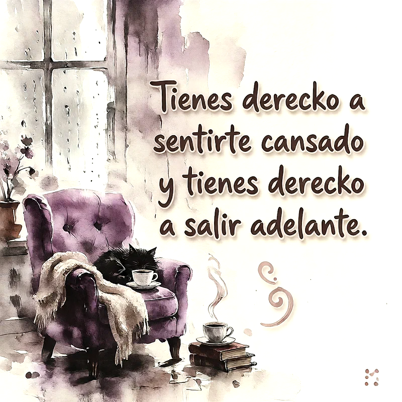 Sillón morado con un gato negro dormido, una ventana lloviendo y una taza de café sobre libros, con el texto Tienes derecho a sentirte cansado y tienes derecho a salir adelante.