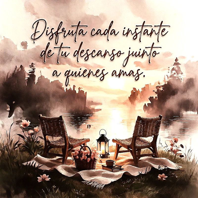 Dos sillas de mimbre frente a un lago al atardecer, cesta con flores y farol, con el texto Disfruta cada instante de tu descanso juinto a quienes amas.