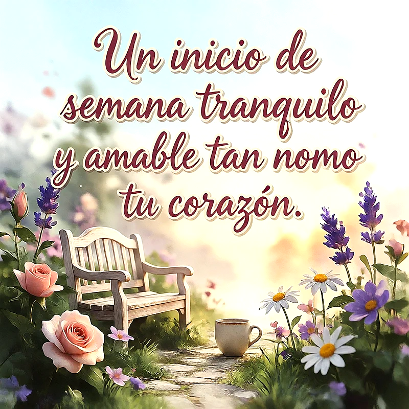 Banco de madera en un jardín con flores, rosas, margaritas y una taza de café en el suelo, con un mensaje en letras blancas.