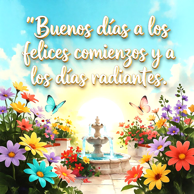Jardín soleado con fuente de agua de piedra, flores de muchos colores y mariposas, con un mensaje en letras blancas.