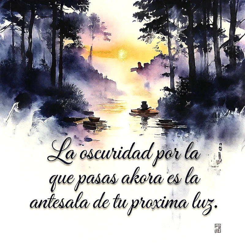 Paisaje en acuarela con siluetas de árboles oscuros al amanecer y luz dorada reflejada en el agua, con texto en español sobre la luz.