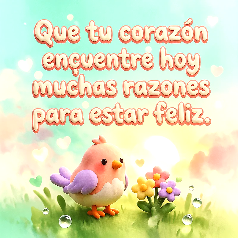Ilustración dulce de un pajarito rosado junto a flores sobre un fondo pastel con corazones y un mensaje en letras blancas.
