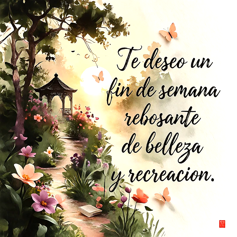Sendero rodeado de flores de colores, un quiosco al fondo, mariposas y texto que dice Te deseo un fin de semana rebosante de belleza y recreacion.