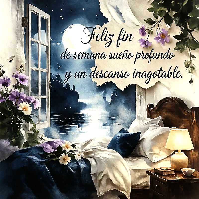 Dormitorio acogedor con ventana abierta a la noche estrellada y la luna llena, flores moradas y texto Feliz fin de semana sueño profundo y un descanso inagotable.